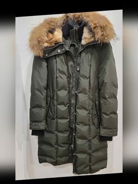 Mackage Long Coat Harley Army Khaki Raccoon Rabbit Down Filled Leather L